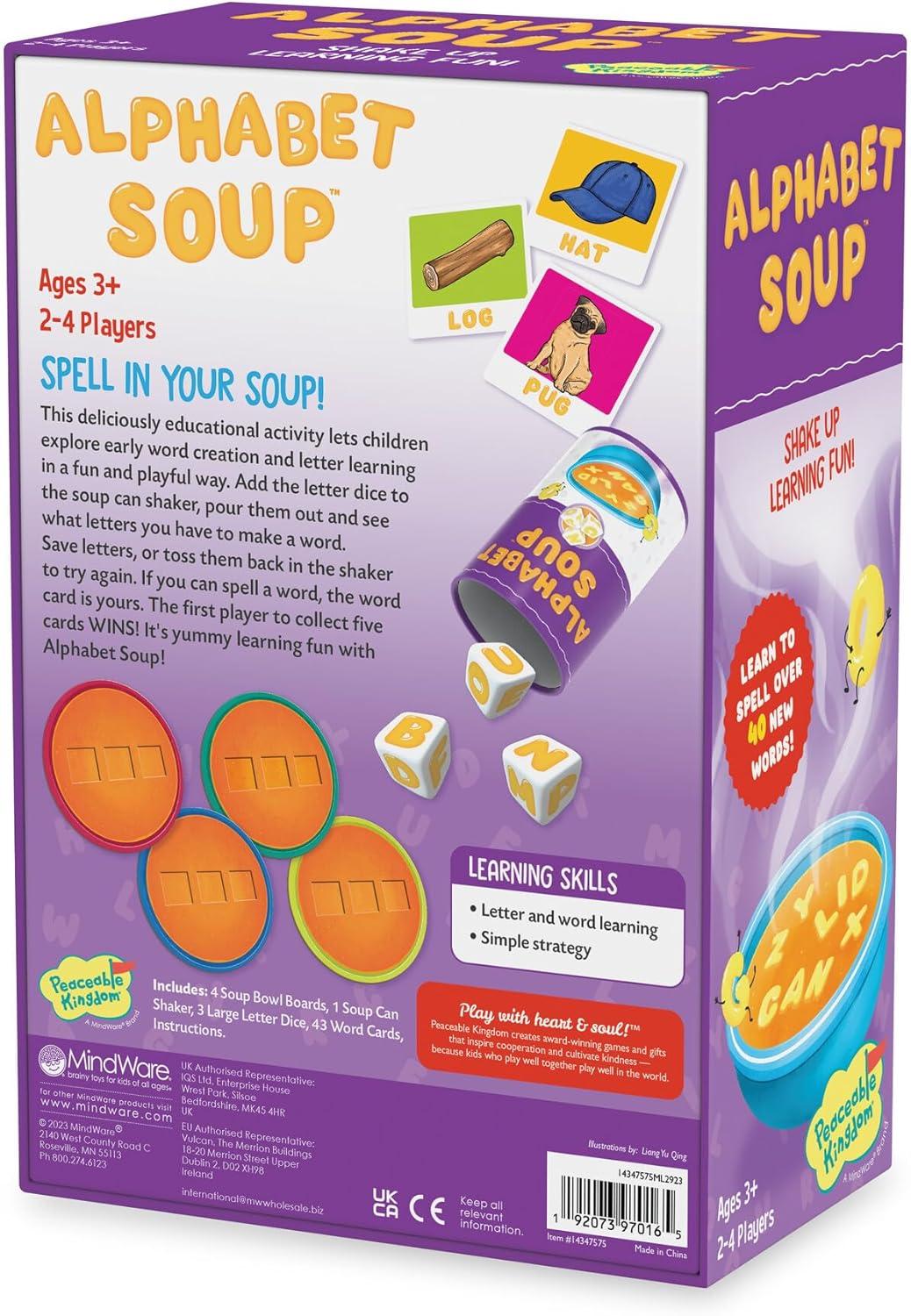 imagePeaceable Kingdom Alphabet Soup Spelling Game Educational Boardgame for Kids Aged 3 and Up Preschool Learning Activities Kindergarten Learning Games