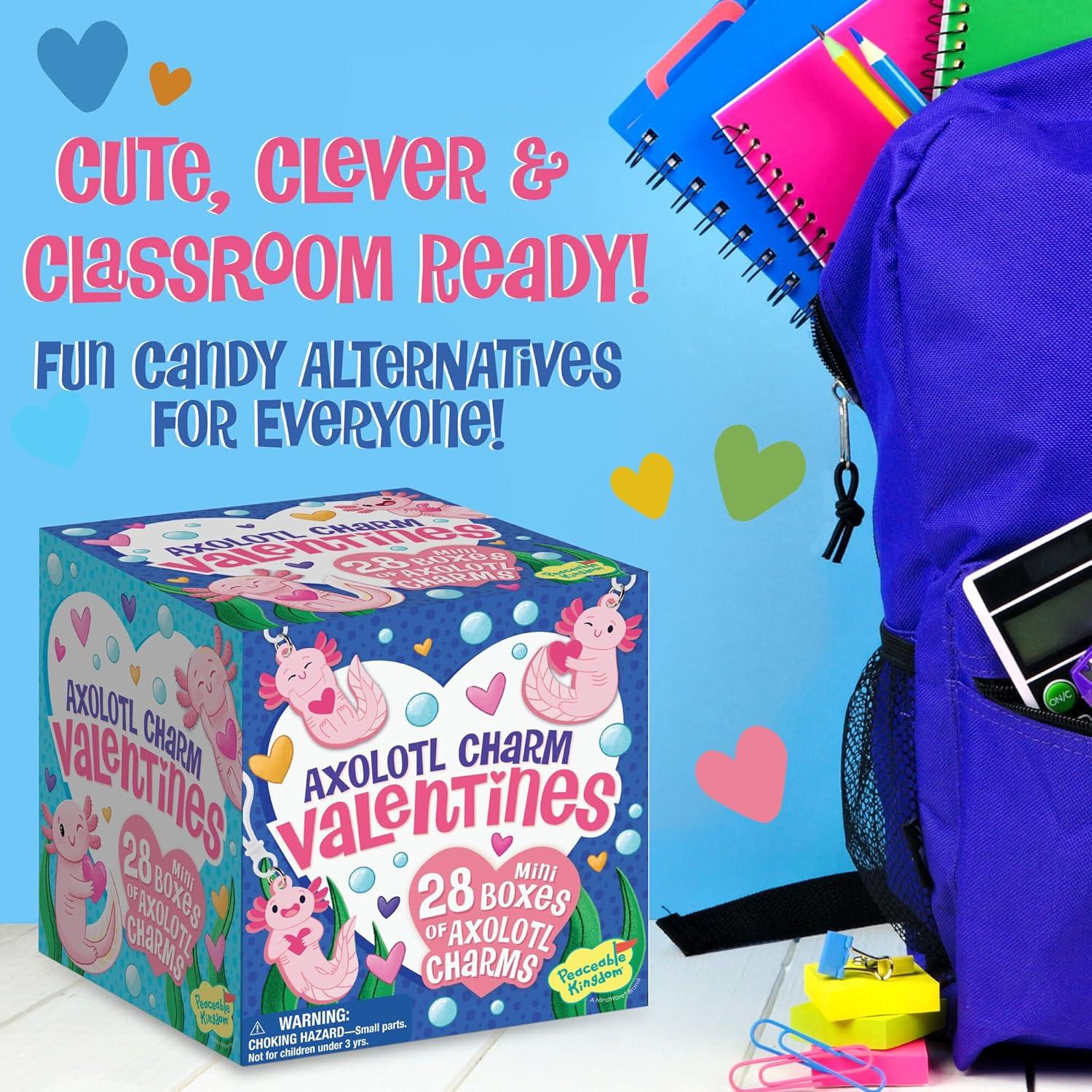 imagePeaceable Kingdom Valentines Box for Kids Valentines Day Box Kit for Valentines Cards for Kids Classroom Sports Eraser ValentinesAxolotl Friendship Charms