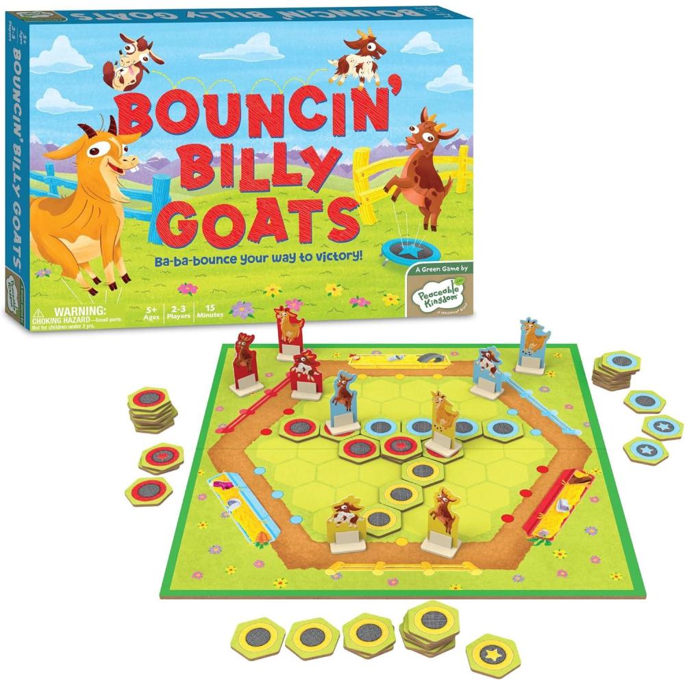 imagePeaceable Kingdom Bouncin Billy Goats Board Game Light Strategy and Trampoline Tile Gameplay for Kids and Adults Cooperative Family Game Night Fun 2 to 3 Players Ages 5 and Up