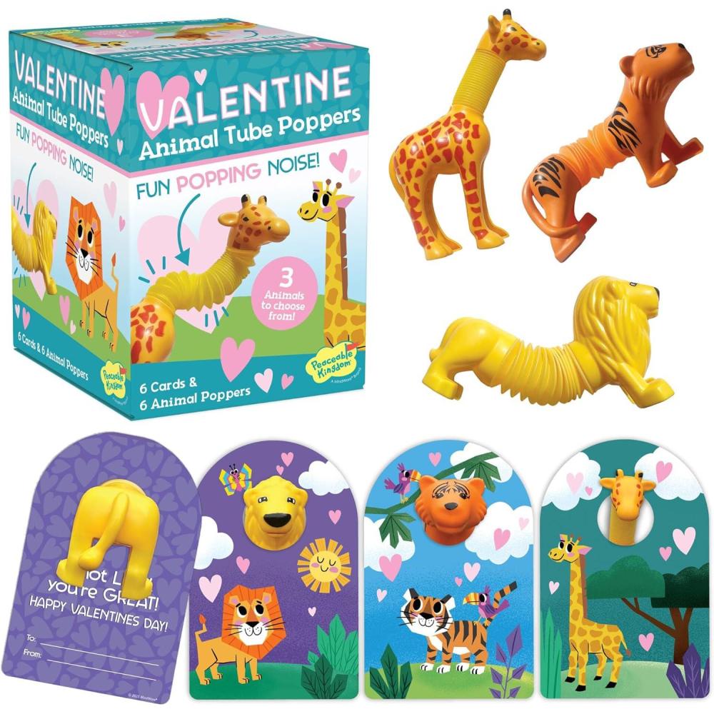imagePeaceable Kingdom Valentines Box for Kids Valentines Day Box Kit for Valentines Cards for Kids Classroom  Sports Eraser Valentines6 Animal Tube Poppers