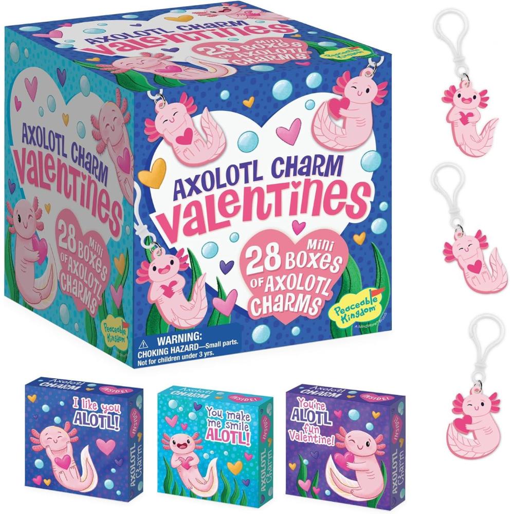 imagePeaceable Kingdom Valentines Box for Kids Valentines Day Box Kit for Valentines Cards for Kids Classroom Sports Eraser ValentinesAxolotl Friendship Charms
