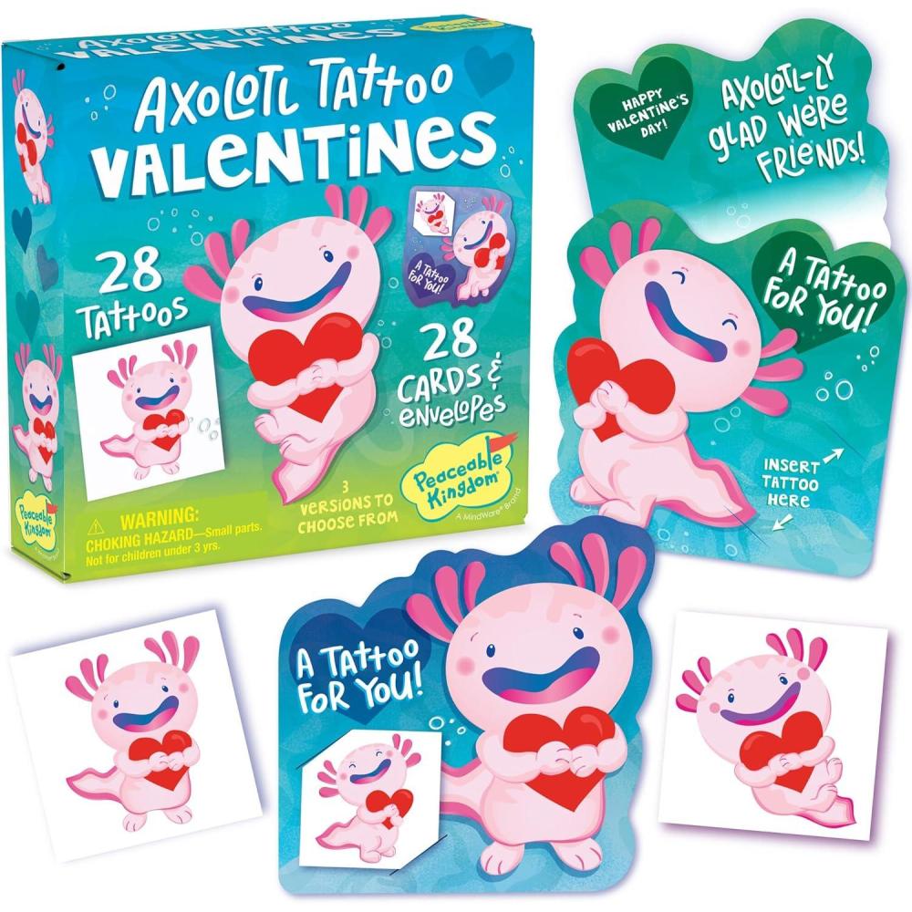 imagePeaceable Kingdom Valentines Box for Kids Valentines Day Box Kit for Valentines Cards for Kids Classroom Sports Eraser ValentinesAxolotl Tattoo Valentines