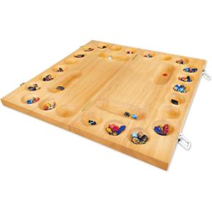 MindWare 4 Player Wooden Mancala Board Game with Foldable Board and Mancala Stone Movers – 2 to 4 Players
