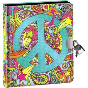 Peaceable Kingdom Paisley Peace Sign Foil Cover 6.25″ Lock and Key Diary with Black Pages and Silver Pen