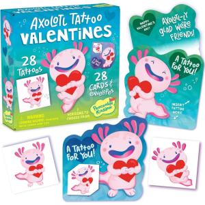 Peaceable Kingdom Valentines Box for Kids, Valentines Day Box Kit for Valentines Cards for Kids Classroom – Sports Eraser Valentines(Axolotl Tattoo Valentines)