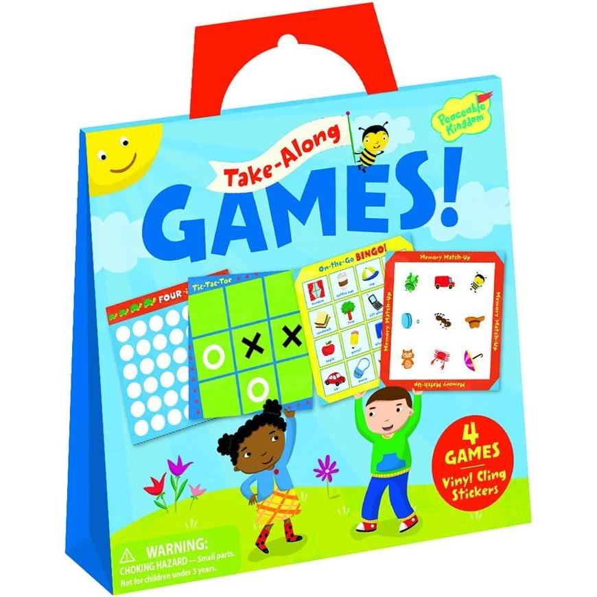 imagePeaceable Kingdom Take Along Games Reusable Sticker Tote Portable Activity Set with Static Cling Play Boards and Scenes Mess Free Travel Entertainment Kids Age 3 Four Game Collection