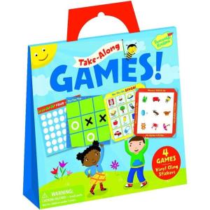 Peaceable Kingdom Take Along Games Reusable Sticker Tote, Portable Activity Set with Static Cling Play Boards and Scenes, Mess Free Travel Entertainment, Kids Age 3+, Four Game Collection