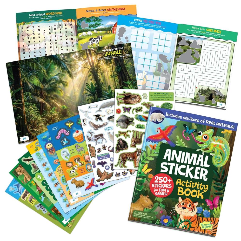imagePeaceable Kingdom Animals Sticker Activity Book 200 Colorful Stickers 38 Pages of Coloring Puzzles amp Reusable Puffy Sticker Scenes for Ages 3