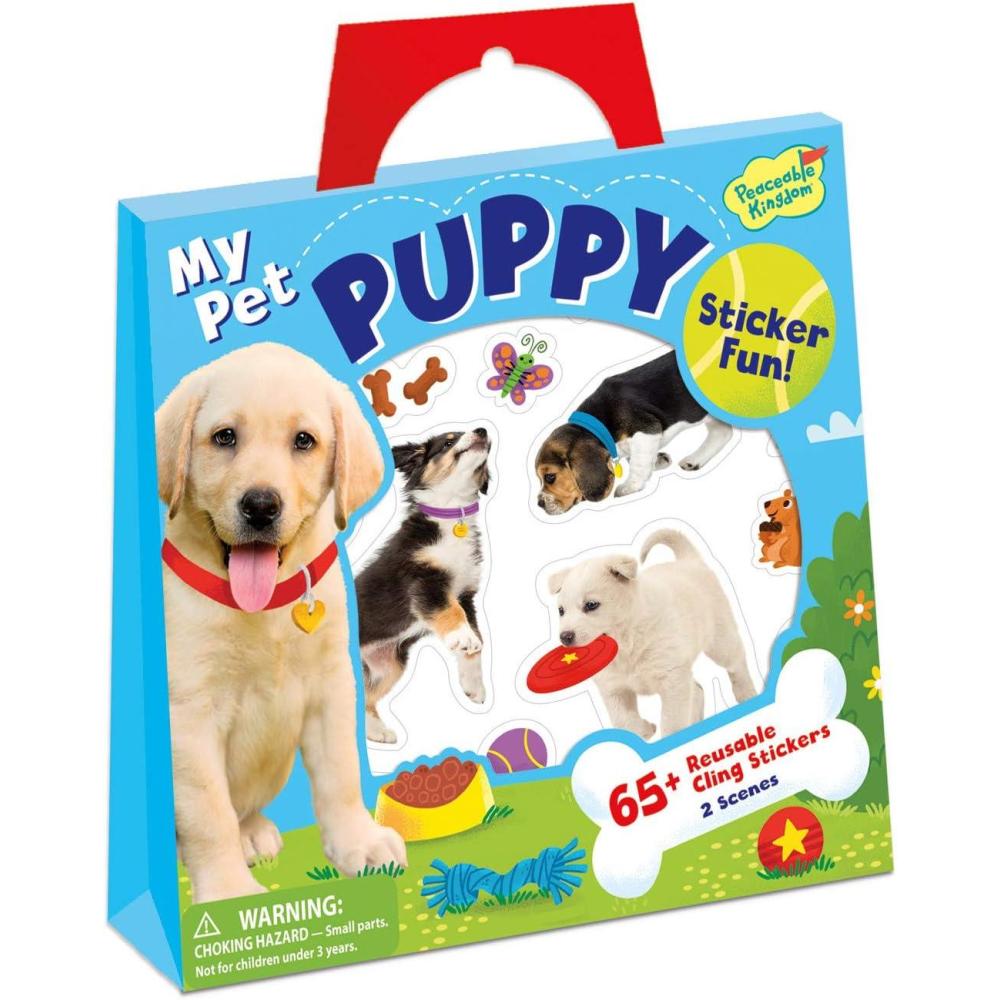 imagePeaceable Kingdom Reusable Sticker Totes My Pet Puppy 2 sticker scenes amp over 65 reusable cling stickers in a carry tote Great for trips errands amp on the go Fun quiet time activity for kids