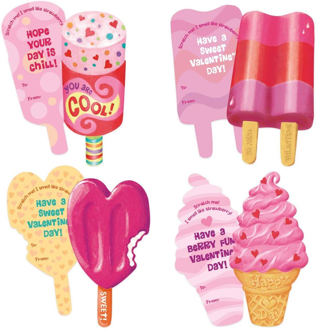 imagePeaceable Kingdom Chillin Strawberry Scratch and Sniff Valentines 28 Ice Cream Card Pack