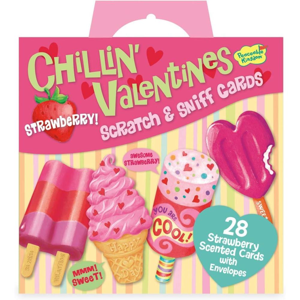 imagePeaceable Kingdom Chillin Strawberry Scratch and Sniff Valentines 28 Ice Cream Card Pack