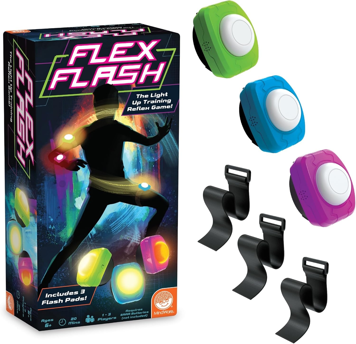 image:imageMindWare Flex Flash Reflex Training Game for Kids amp Adults FastPaced Reaction Speed Game with Wearable LightUp Pads 13 Players Ages 6