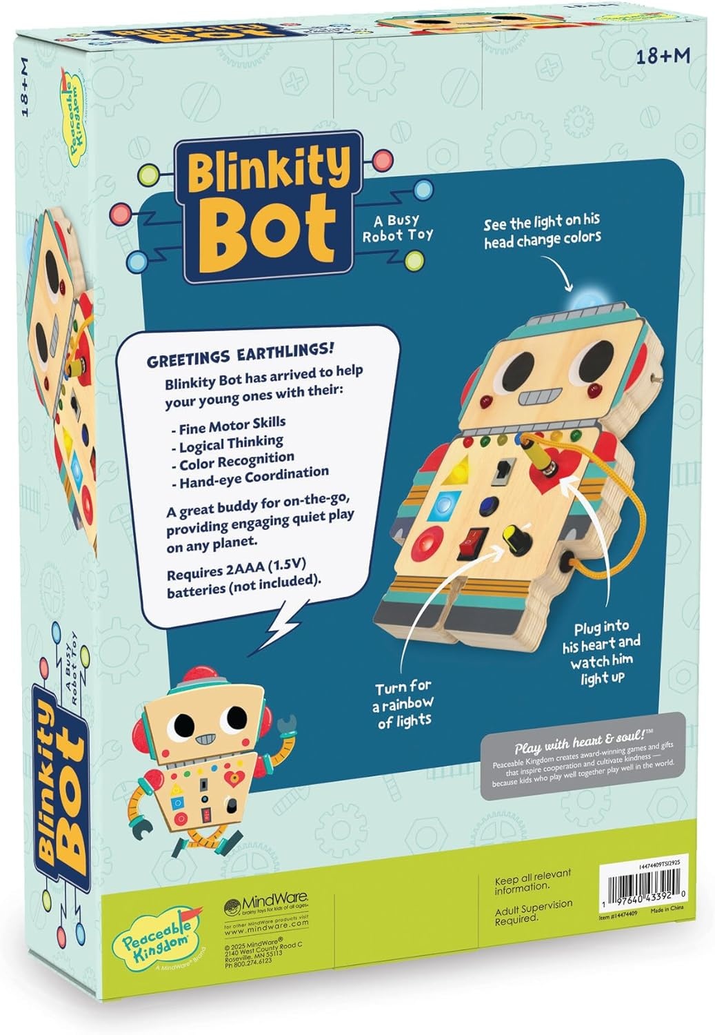 image:imagePeaceable Kingdom Blinkity Bot Light Up Busy Board for Toddlers Montessori Wooden Toy